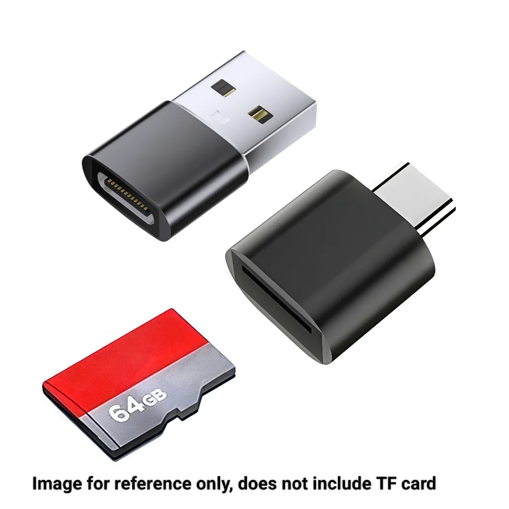 A compact dual-interface memory card reader shown with its housing and a removable TF card.