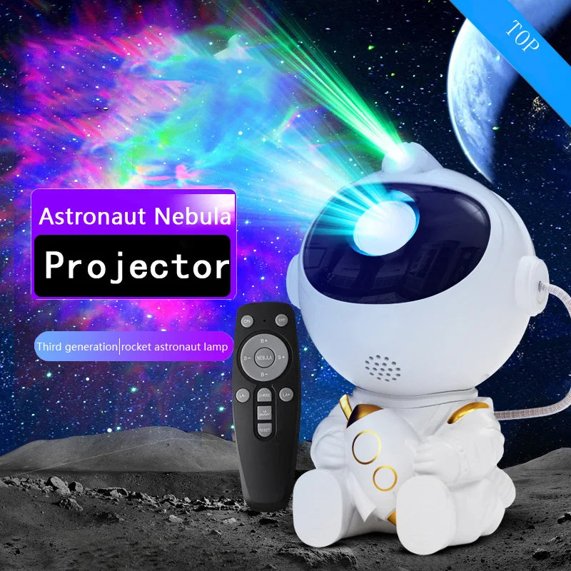 A white astronaut projector illuminates a nebula effect onto a dark surface against a starry background.