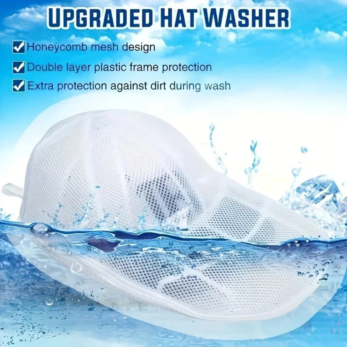 A white hat cleaning cage with a honeycomb mesh design is shown being washed under water.