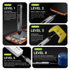 A set of five levels of precision electric screwdrivers shown with various tools and accessories.