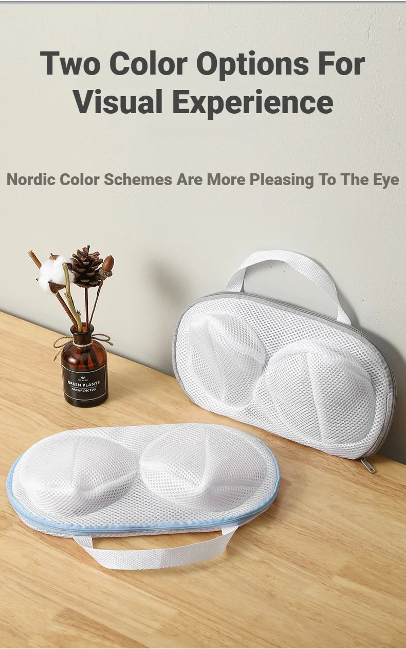 Two color options of a foldable mesh laundry bag for bras and lingerie displayed on a wooden surface.
