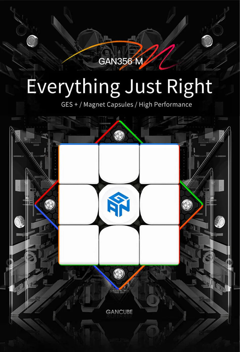 A close-up of a GAN 356 M magnetic speed cube puzzle with white and blue components against a dark background.