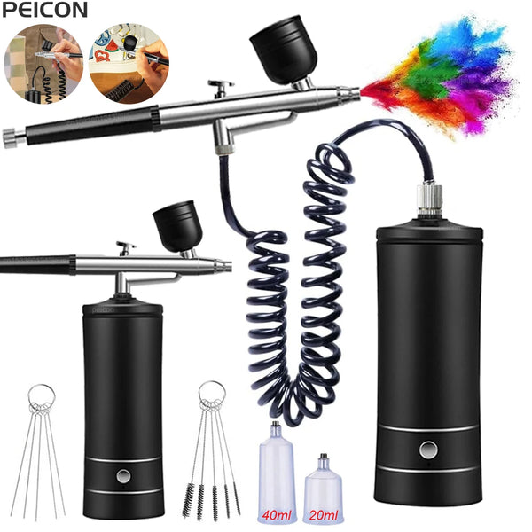 Portable wireless airbrush kit showing the compressor, airbrush tool, and various accessories.