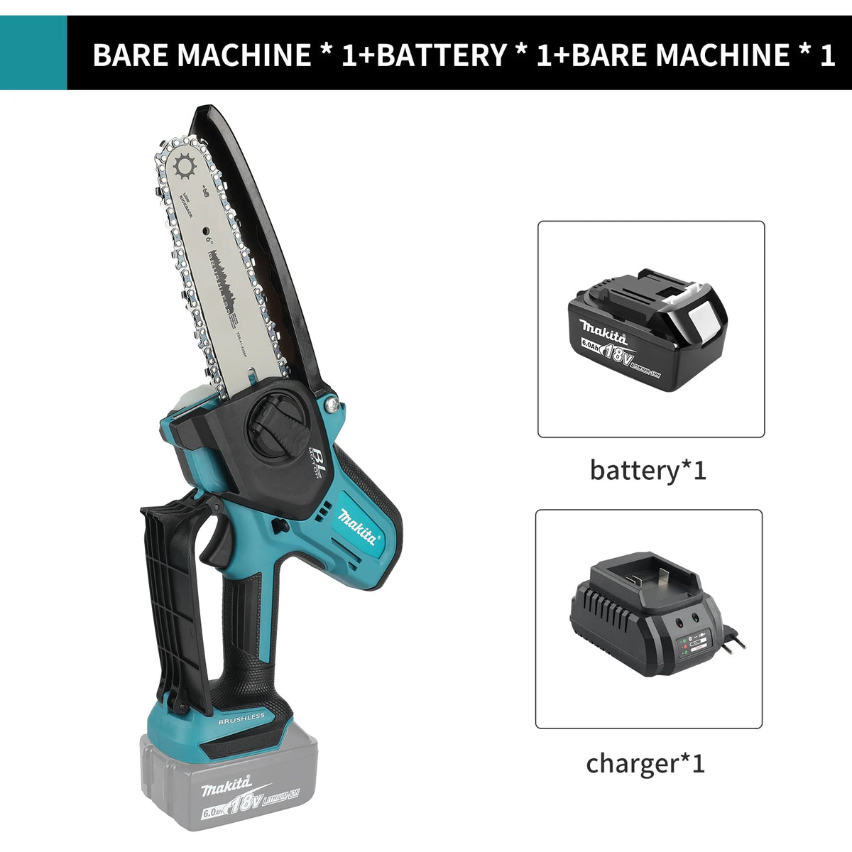A Makita bare machine with a battery and charger included.