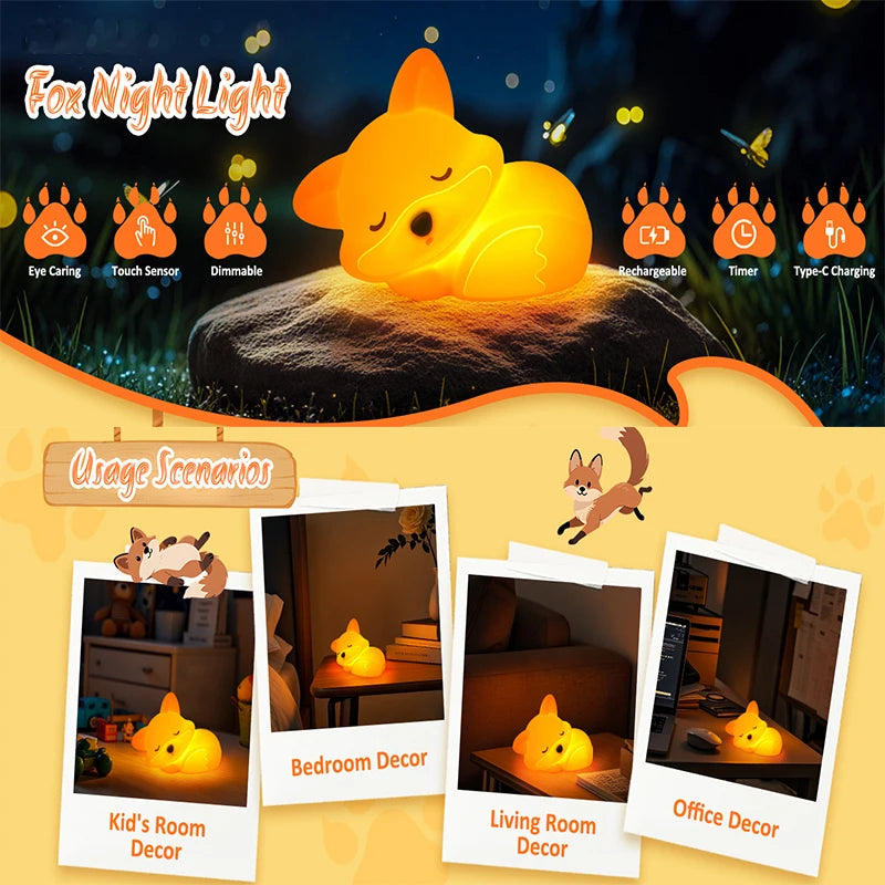 An orange squishy fox night light resting on a dark surface, highlighting various features like dimmable and rechargeable bat
