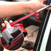 A hand is installing a flexible red rubber seal strip on a car door, showing the cross-section of the black foam material.