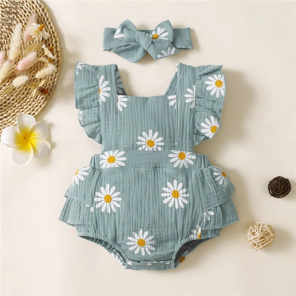 Baby Girl Sleeveless Floral Romper with Headband
