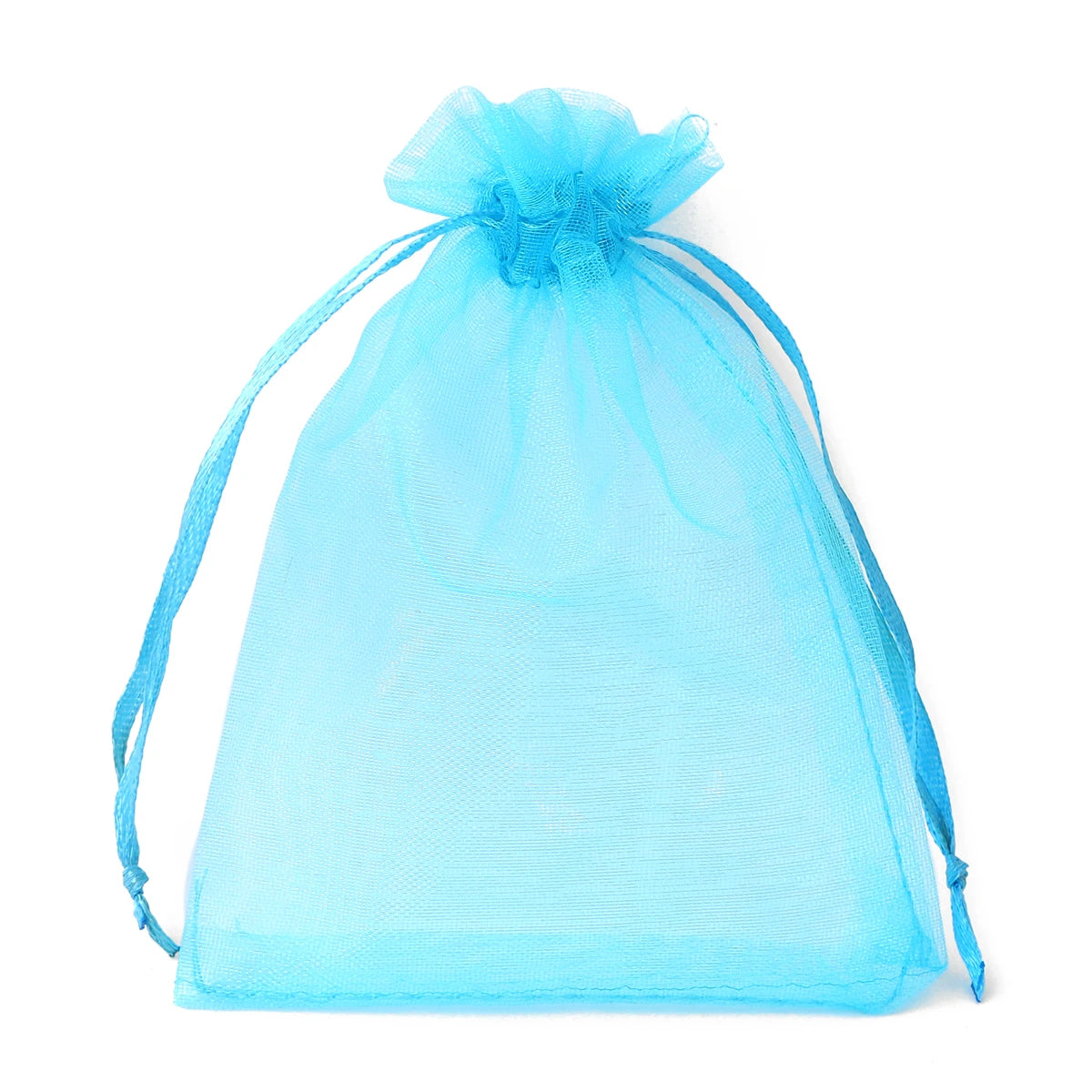 A light blue mesh drawstring gift bag with a gathered top, used for storing small items.