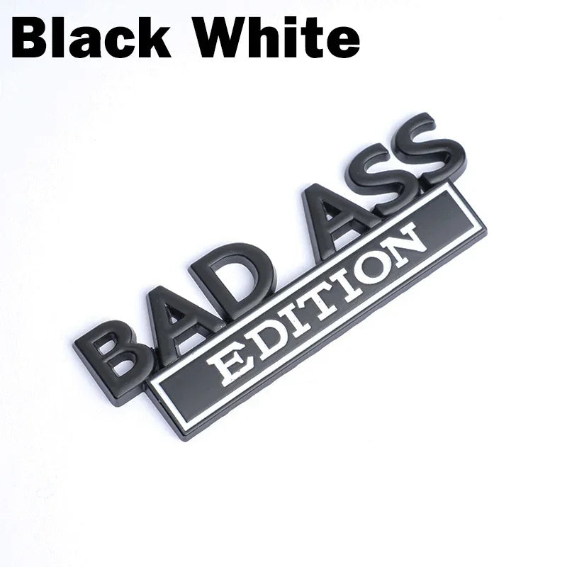Black and white 3D metal badge emblem with the text BADASS EDITION
