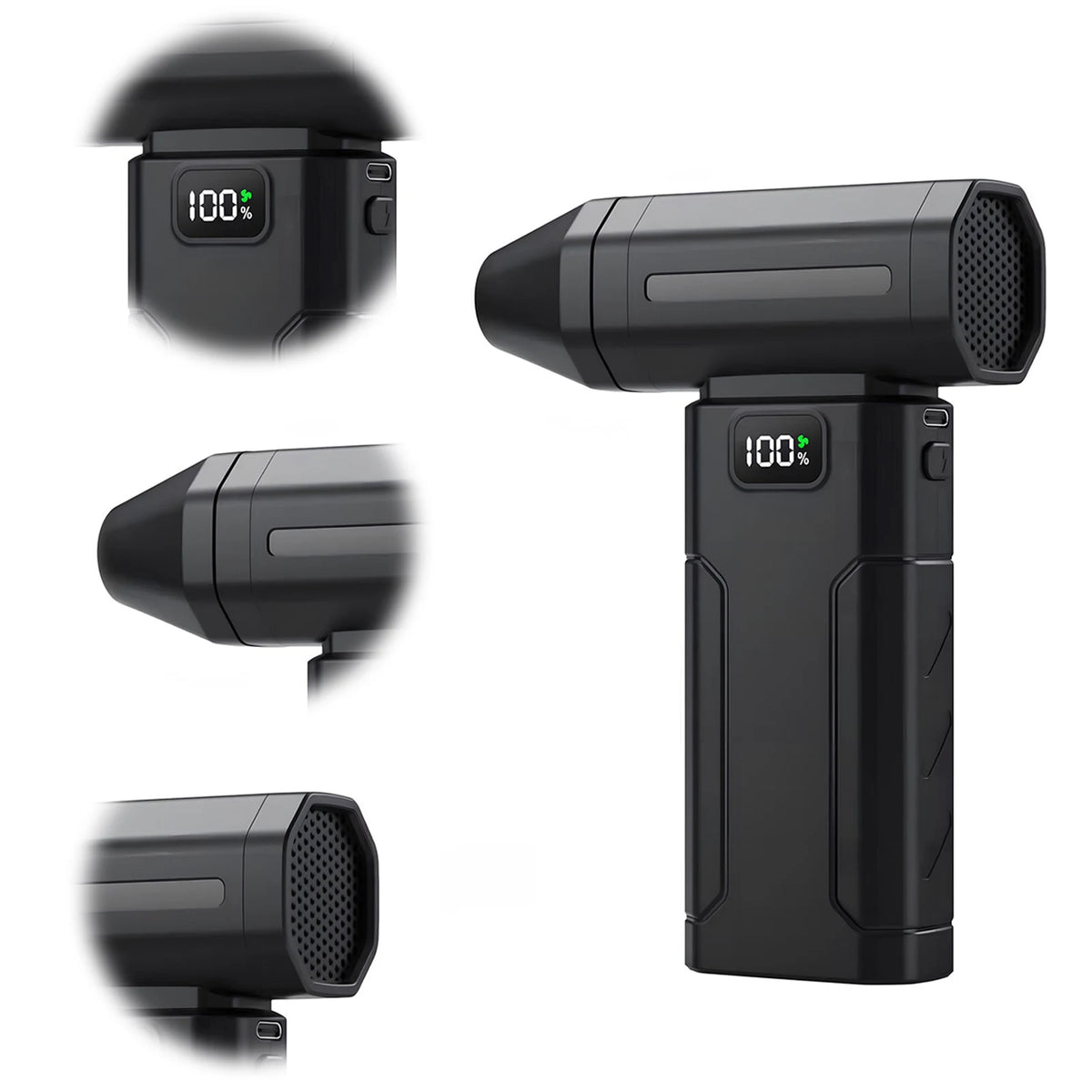 A black high-speed cordless air duster device shown from multiple angles.