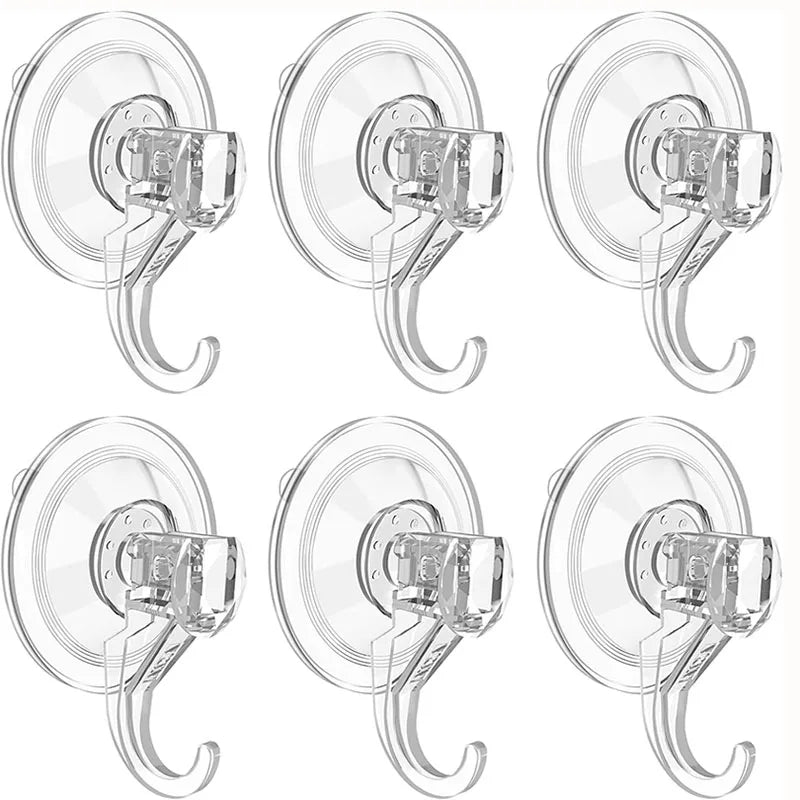 Set of heavy-duty transparent suction cup hooks for various surfaces like shower, window, and door.
