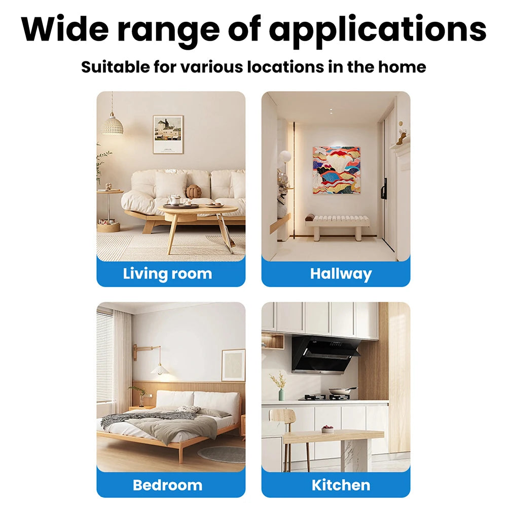 Various applications of a motion sensor E27 lamp holder including living room, hallway, bedroom, and kitchen settings