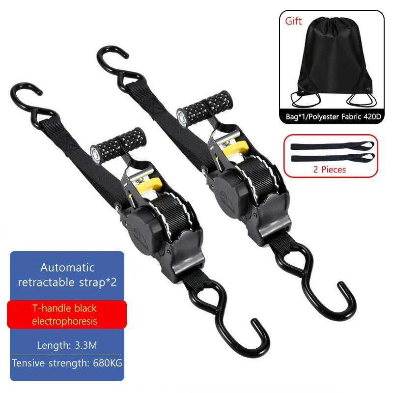 Black automatic retractable strap with T-handle and quick release mechanism for tie down