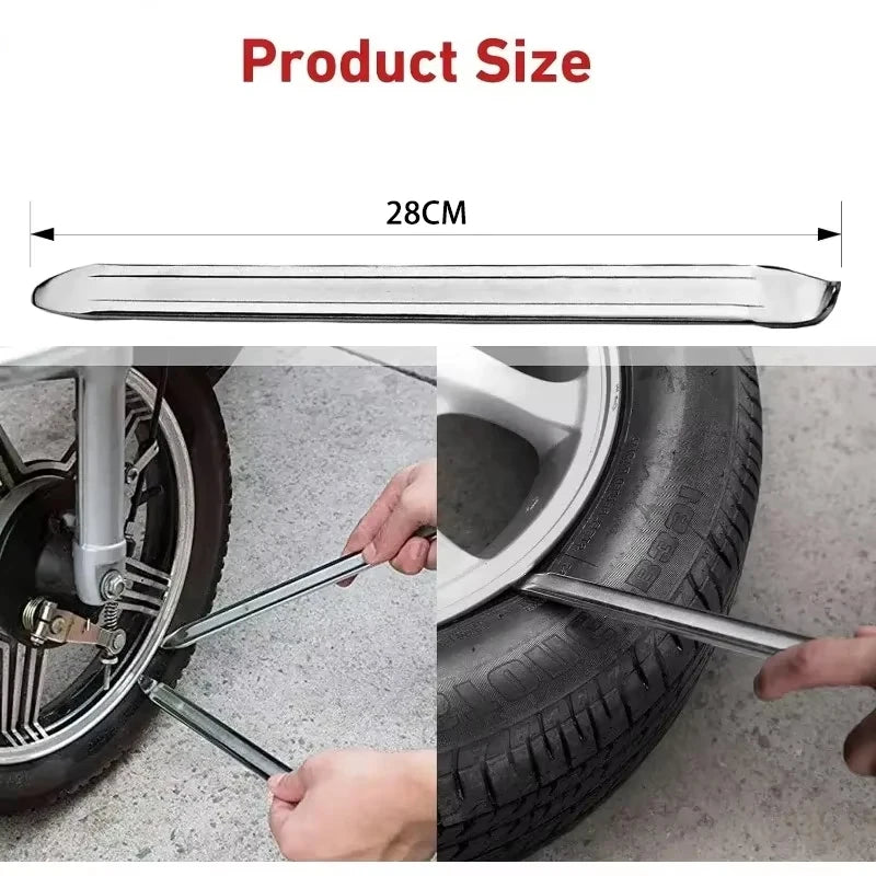 A silver heavy-duty tire iron with a dual-end design is shown being used to remove a tire from a wheel.
