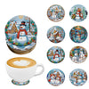 A set of eight DIY diamond art coasters featuring winter and holiday scenes on round tiles.
