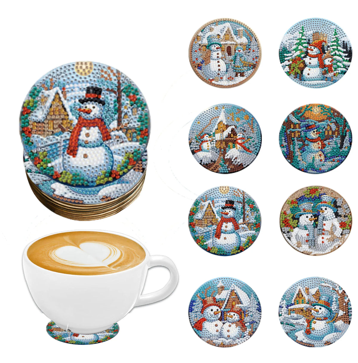 A set of eight DIY diamond art coasters featuring winter and holiday scenes on round tiles.