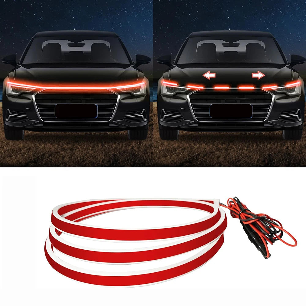 Red LED light strip for car hood and grille, shown with wiring.