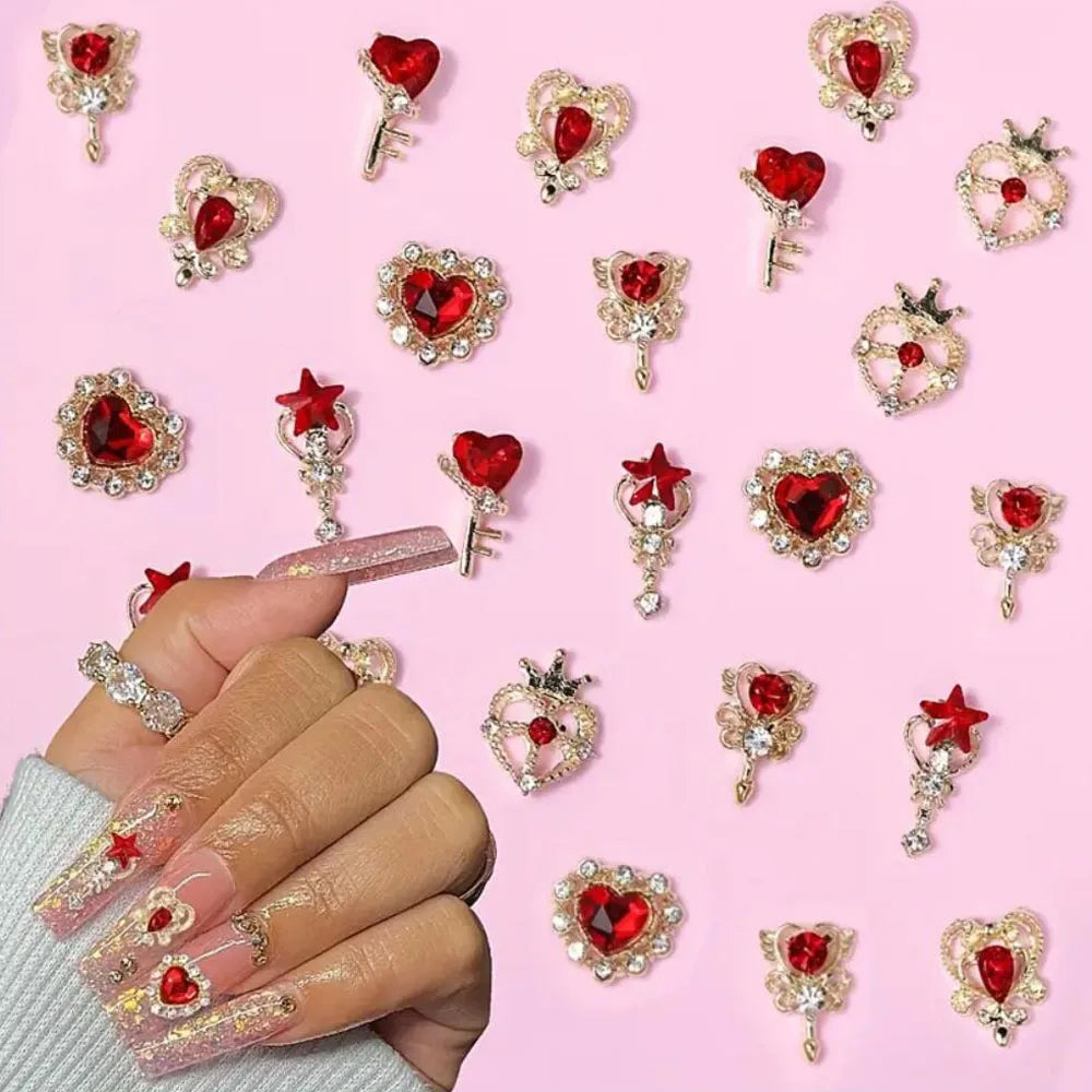 3D Red Heart Nail Art Charms with Gold Base (30-Piece Set)