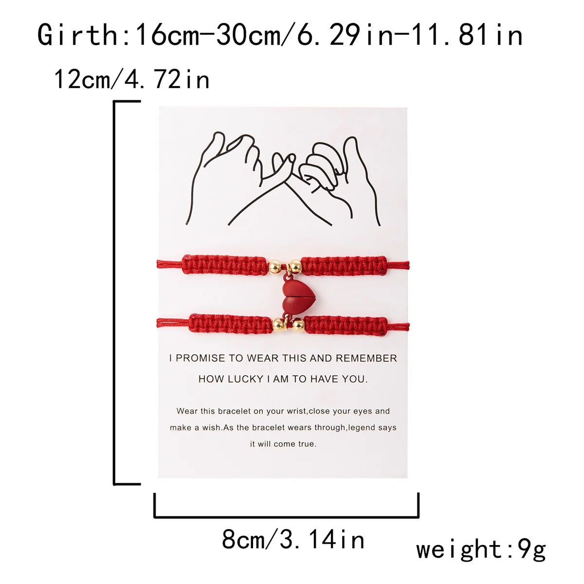 Two red magnetic heart couple bracelets with promise engraving and a 9-gram weight.