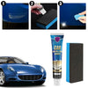 A set of car scratch and swirl remover products including a paste, applicator, and foam block, shown next to a blue sports ca