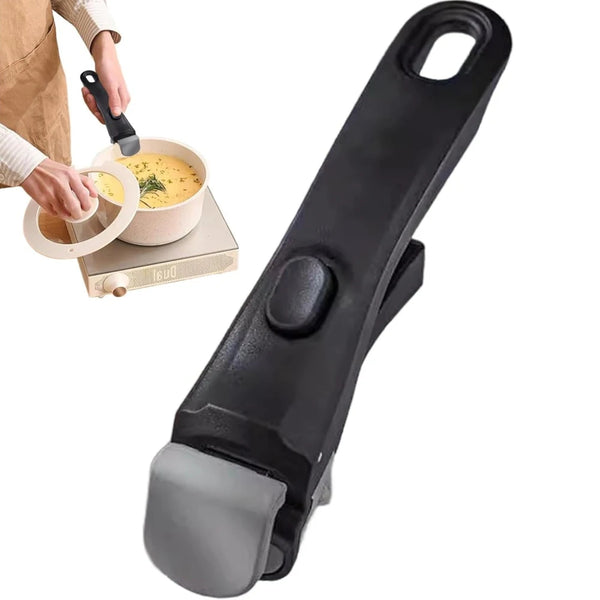 A black universal detachable cookware handle is shown with a hand holding a yellow liquid in a bowl.