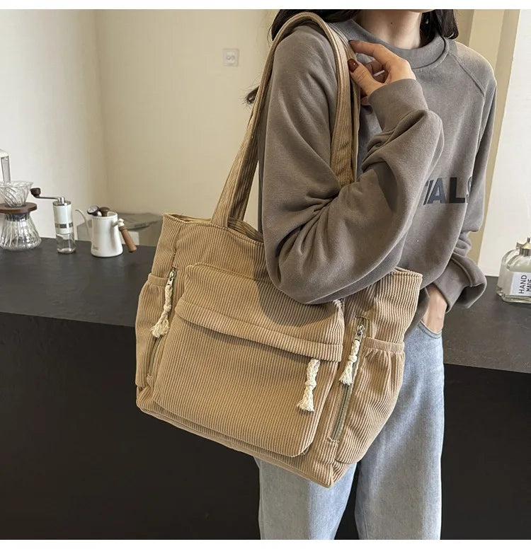 Classic Corduroy Tote Bag with Multiple Pockets