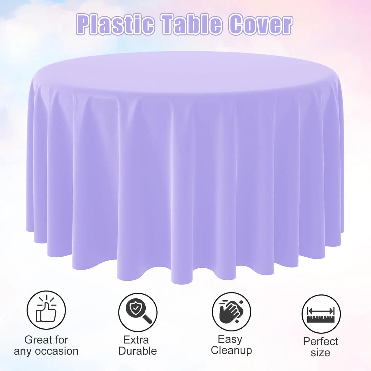 Purple plastic table cover draped on a round table, showing features like durability and easy cleanup.