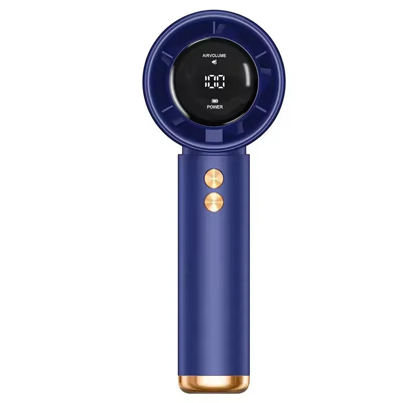 Ventilateur portable rechargeable bleu foncé avec écran circulaire et accents dorés.