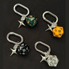 A collection of silver heart keychain charms featuring various colored dice and a D-shaped buckle.