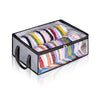 A black collapsible storage box filled with colorful folded hats and accessories.