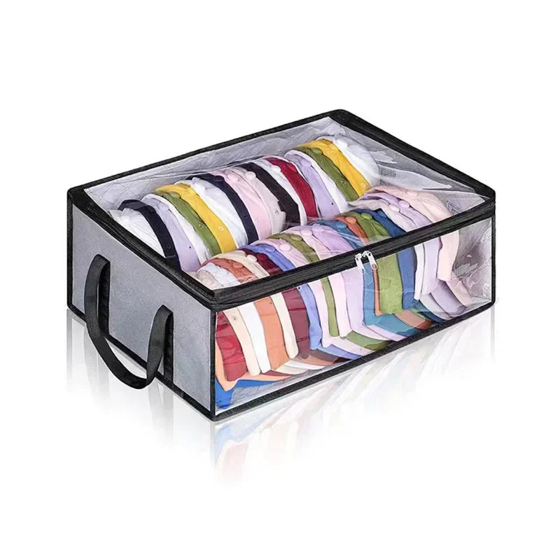 A black collapsible storage box filled with colorful folded hats and accessories.