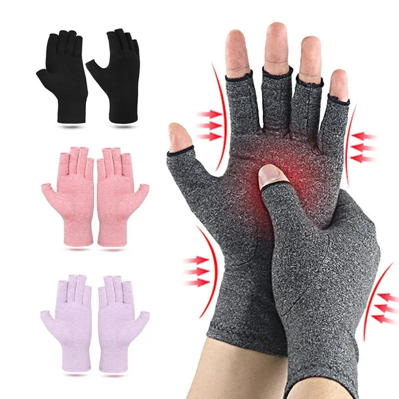 Set of compression arthritis gloves in black, pink, and purple for wrist support