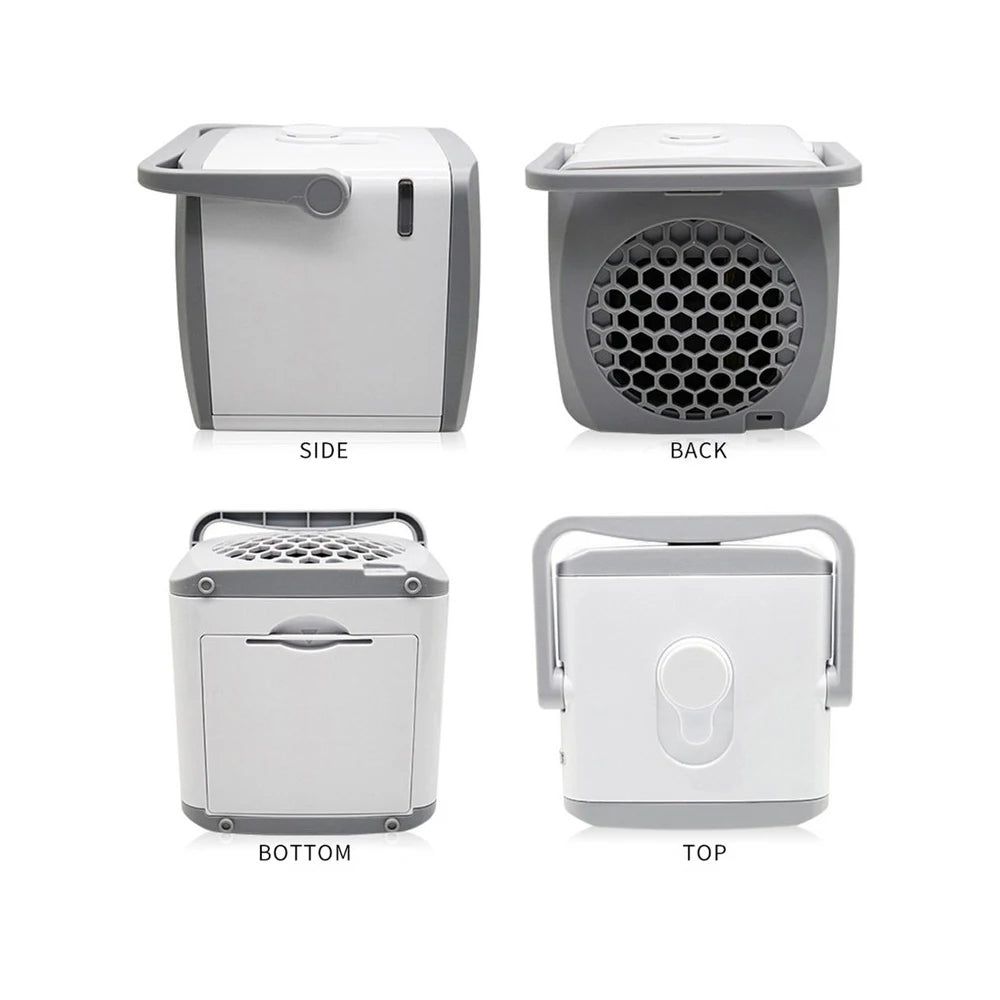 View of a portable USB desktop air cooler and humidifier from the side, back, bottom, and top angles.