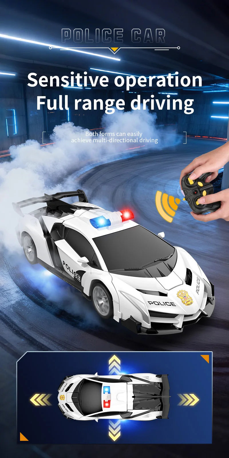 1:18 Scale RC Stunt Car with 360° Spin, LED Lights & One-Button Transformation