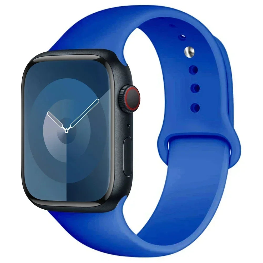 A blue silicone sport band is shown alongside an Apple Watch, highlighting the watch and strap.