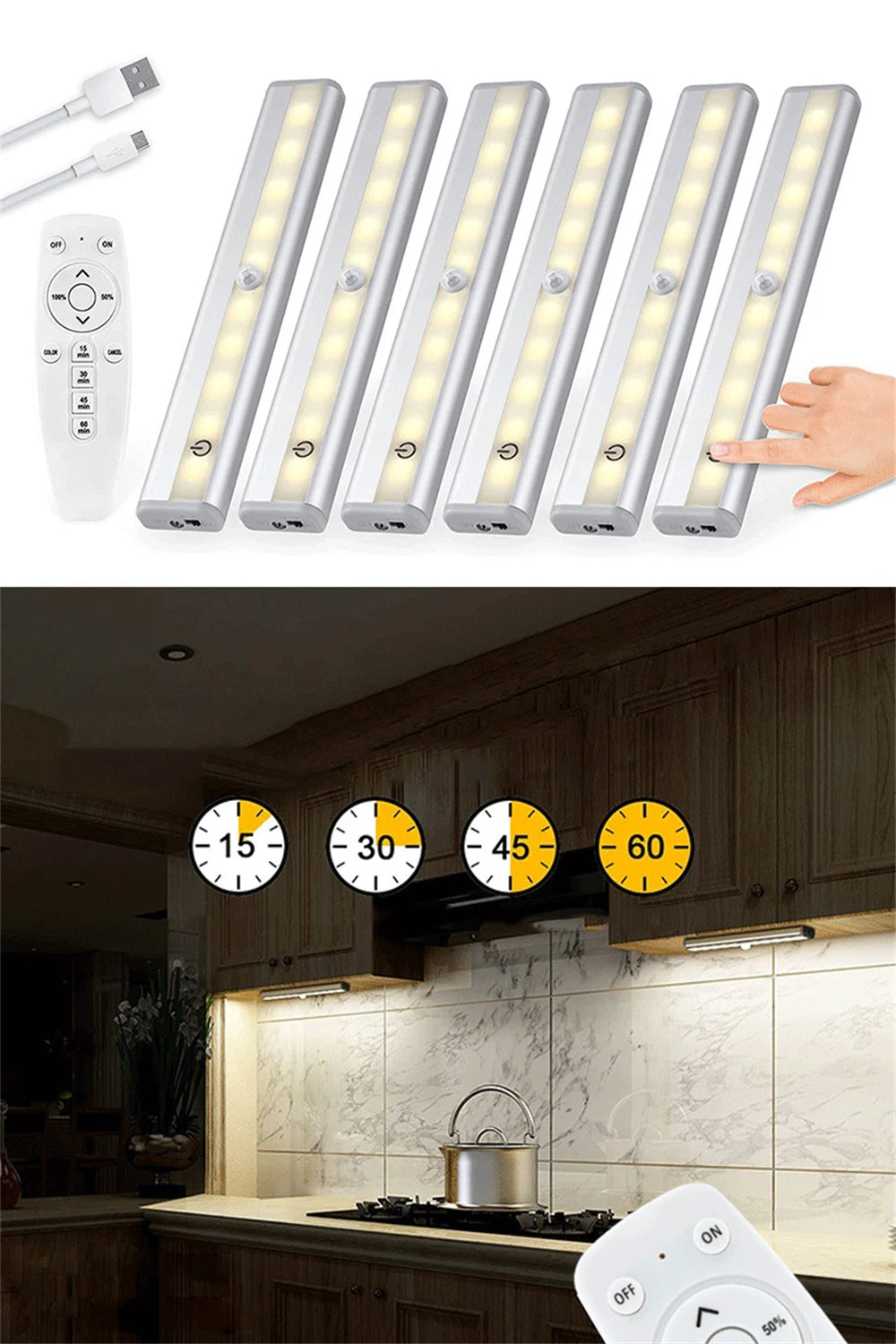Rechargeable LED under-cabinet light fixture with a remote control and touch sensor, installed above a kitchen counter.