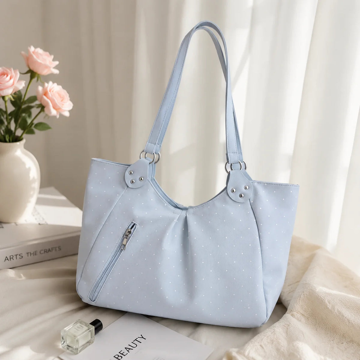 Polka Dot Shoulder Tote Bag with Adjustable Strap