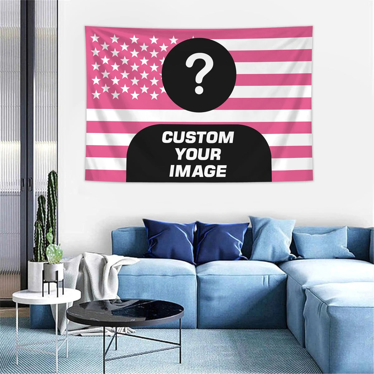 Pink-weiß gestreifte Flaggen-Tapestry mit einem großen schwarzen Fragezeichen auf weißem Hintergrund.