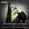 A hand in a black glove is using a trapezoidal scraper to perform seam sealing on TPU car wrap film.