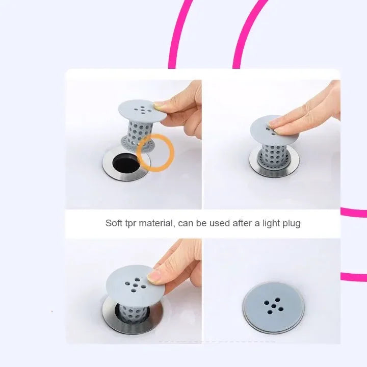 A hand is shown installing a flexible hair catcher drain cover onto a sink or tub.