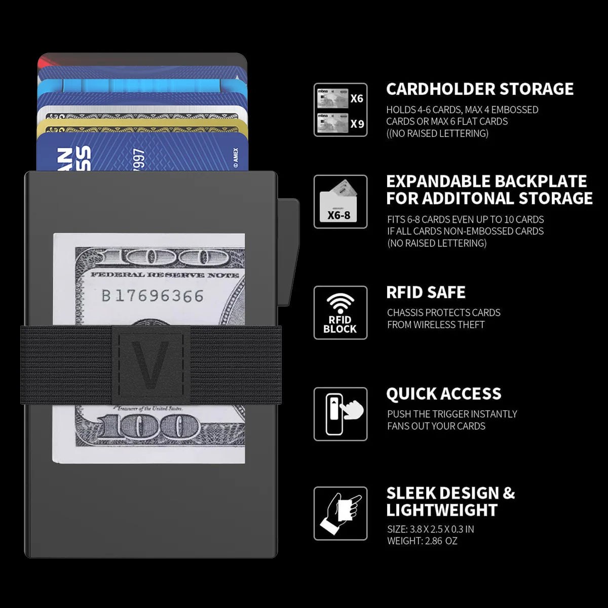 Schwarzes schlankes Metall-Kartenetui mit verstellbarem Rückplate und RFID-Blockiertechnologie.