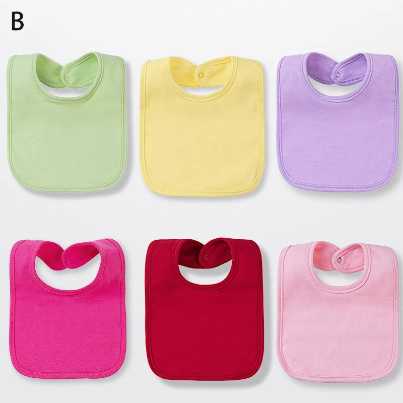 A set of six cotton bandana bibs in various colors including lime green, yellow, purple, pink, and red.