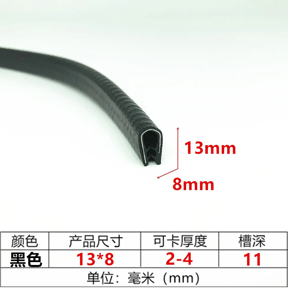 Black U-shaped rubber edge trim with a metal core, measuring 13mm by 8mm.
