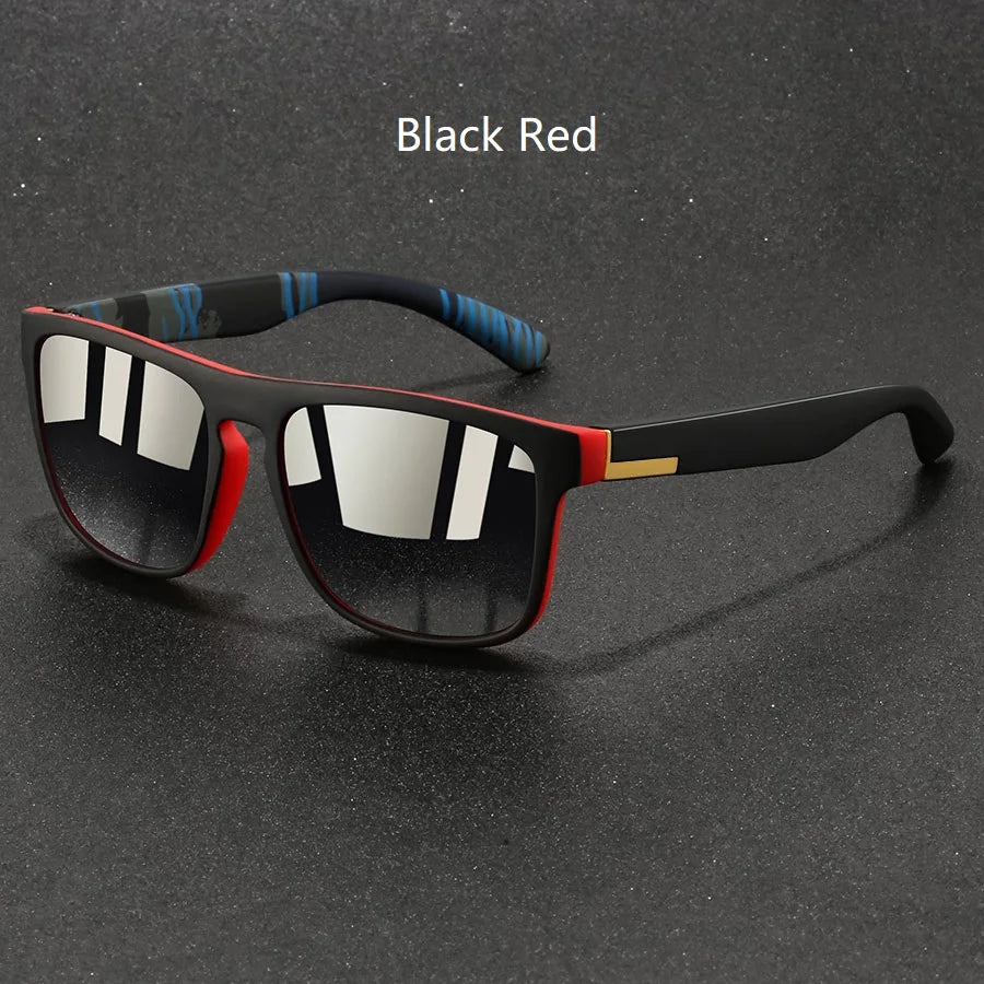 Gafas cuadradas vintage negras y rojas con acentos blancos y ribete azul