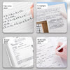 Three pages of note-taking and writing sheets featuring various handwriting examples and a sheet with mathematical problems.