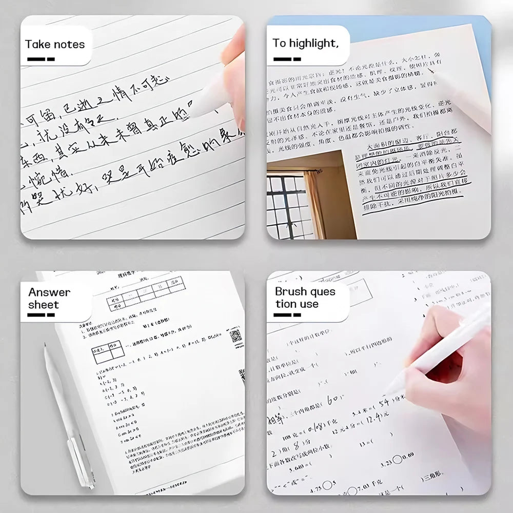 Three pages of note-taking and writing sheets featuring various handwriting examples and a sheet with mathematical problems.