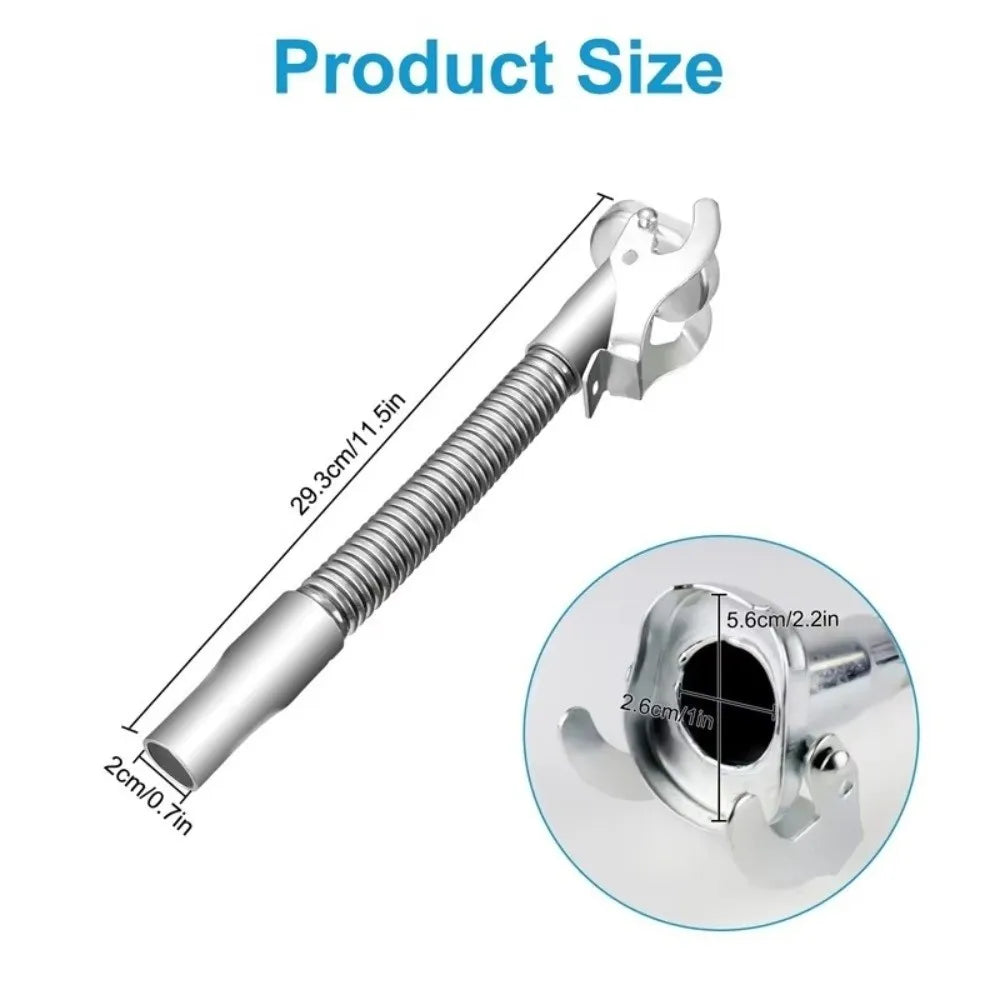 Silver universal jerry can spout tool with a leak-proof seal and adjustable jaws.
