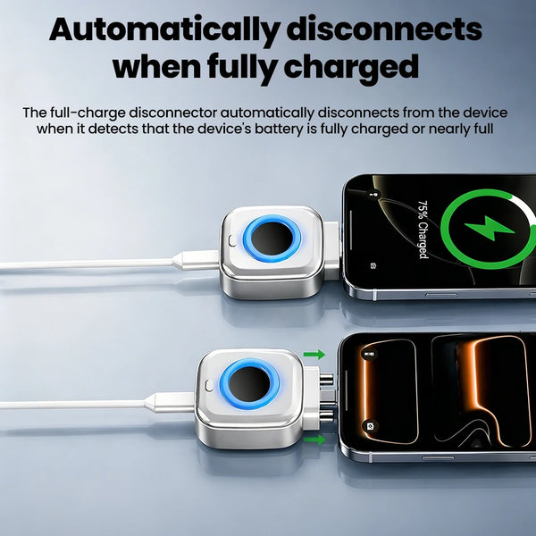 Ein intelligenter USB-C-Ladegerät wird mit einem Gerät verbunden, das die Funktion demonstriert, dass es automatisch trennt, 