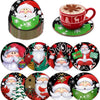 A set of eight DIY diamond art coasters featuring various designs of Santa Claus and reindeer on green and black backgrounds.