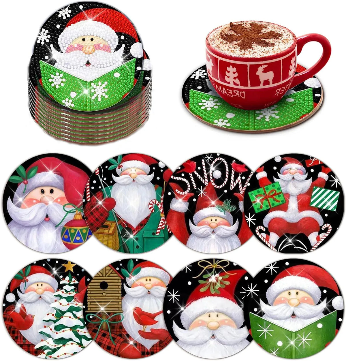 A set of eight DIY diamond art coasters featuring various designs of Santa Claus and reindeer on green and black backgrounds.